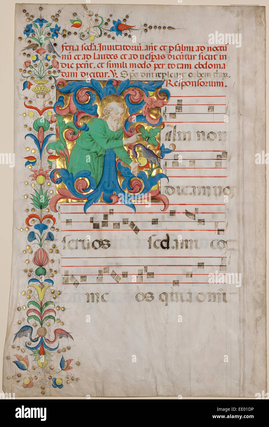 Bifolium da un antiphonal; Francesco di Antonio del Chierico, Italiano, 1433 - 1484, attivo 1452; Firenze, Italia, Europa Foto Stock