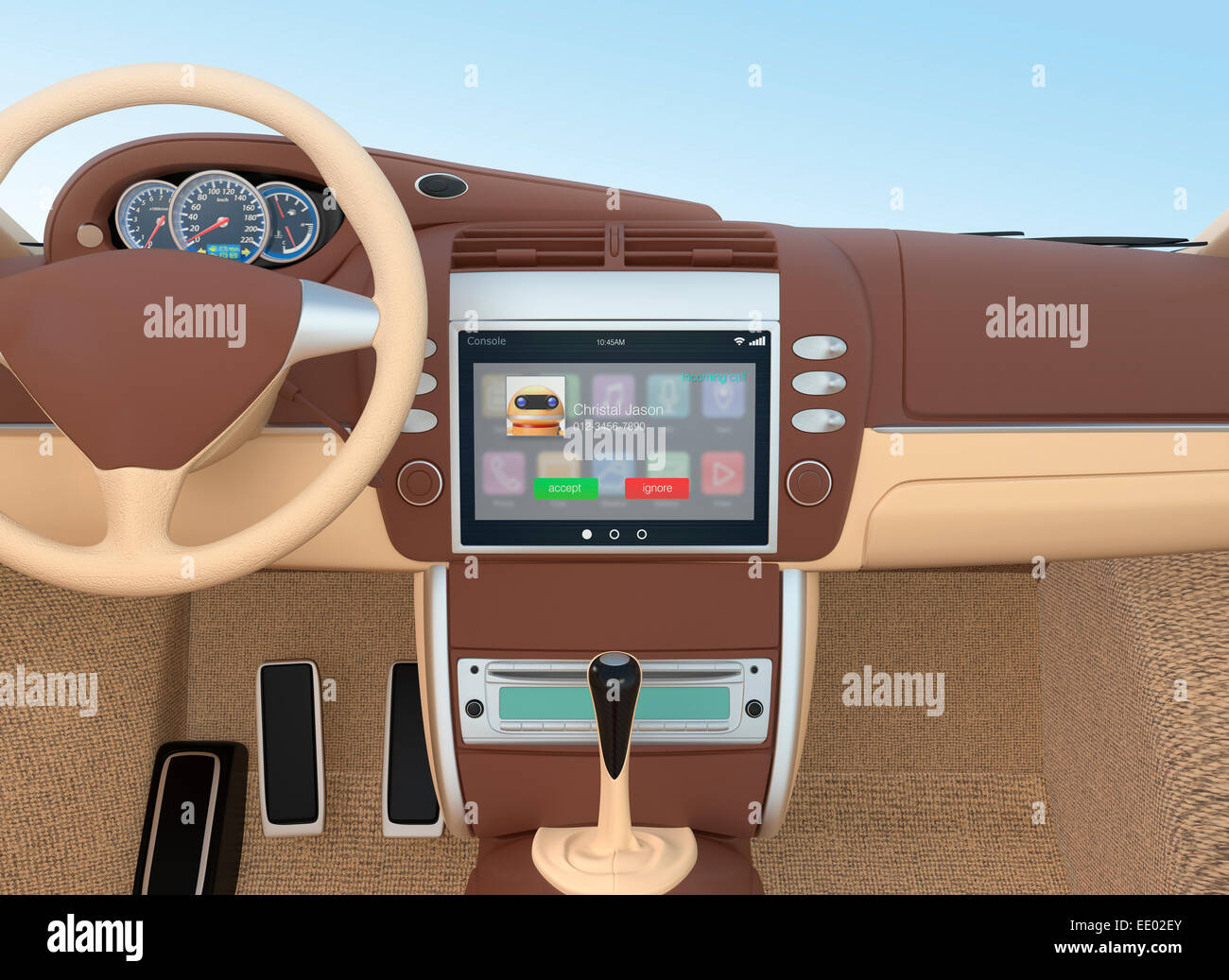 Notifica di chiamata in arrivo su un sistema multimediale touch screen. Concetto di veicolo intelligente console. Foto Stock