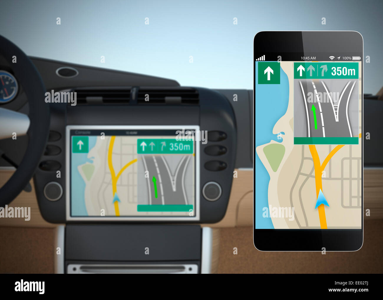 Sistema di navigazione per auto sincronizzate con smart phone. Concetto di Internet delle cose. Foto Stock