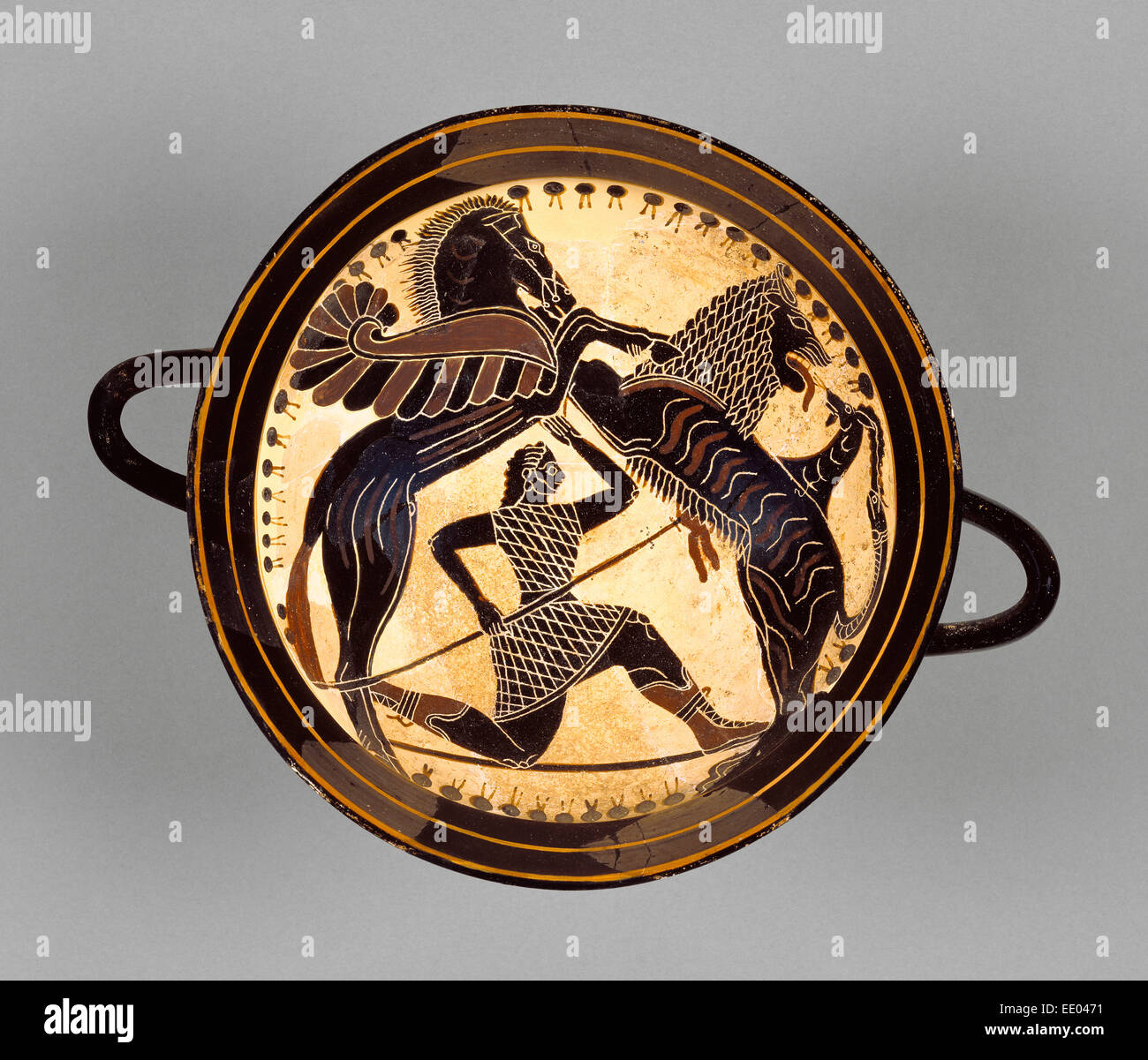 Lakonian Black-Figure Kylix, frammenti staccati; attribuita al Pittore Boreads, greco (Lakonian), attivo 575 - 550 A.C. Foto Stock