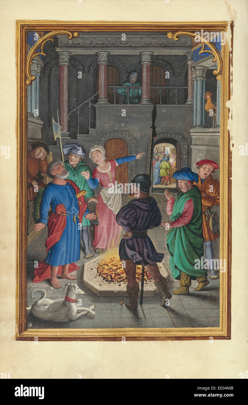 La negazione di San Pietro; Simon Bening, fiammingo, circa 1483 - 1561; Bruges, Belgio, Europa; circa 1525 - 1530; colori a tempera Foto Stock