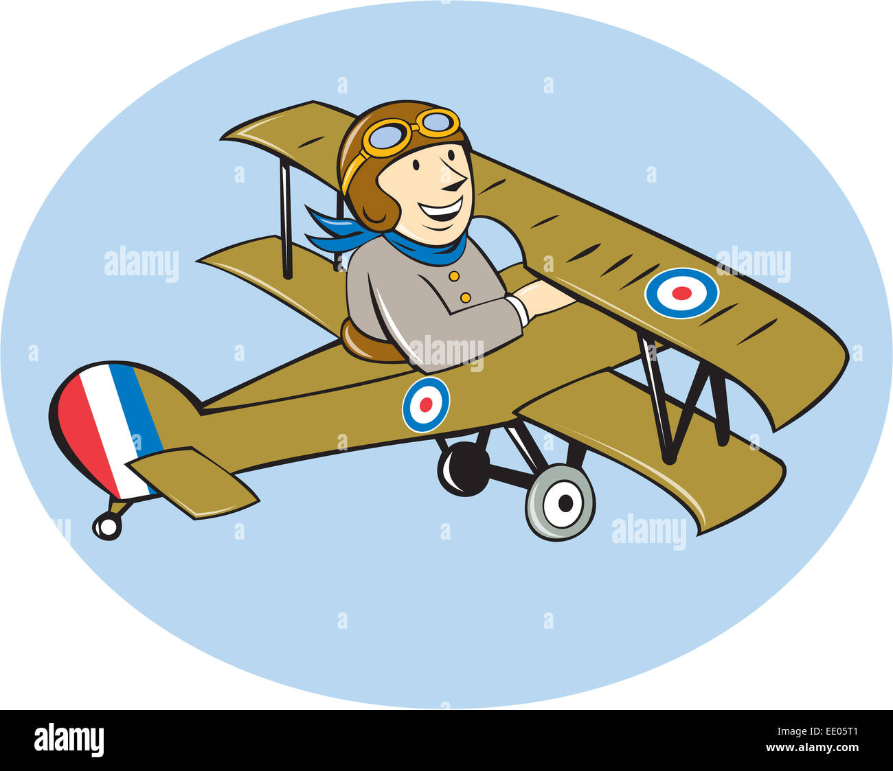 Illustrazione di un British airforce guerra mondiale un pilota volare un Sopwith Camel Scout che è un unico sedile di aereo da combattimento aereo ad elica di fatto in stile cartoon. Foto Stock