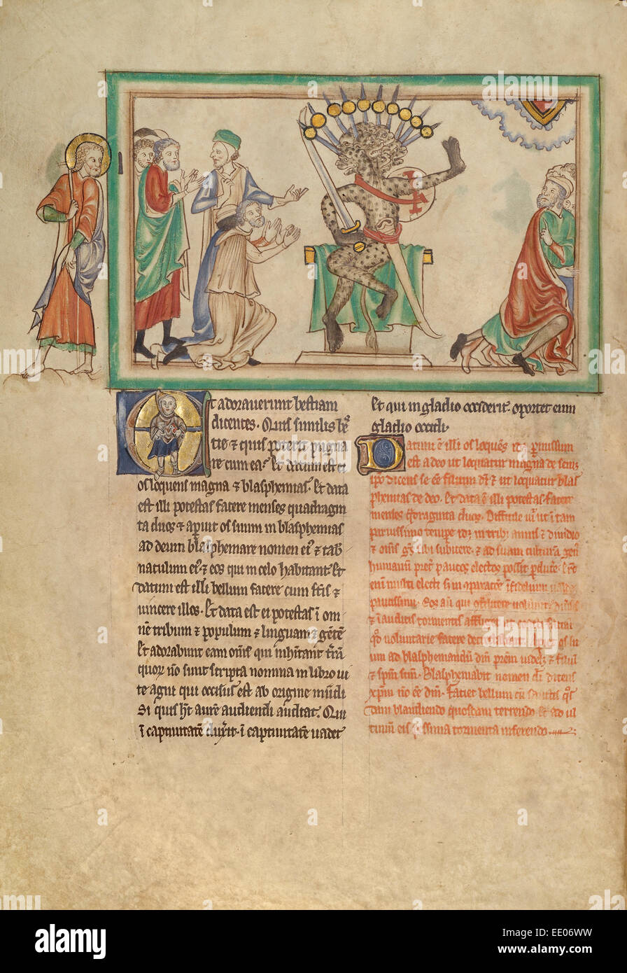 La bestia in trono; sconosciuta; Londra (probabilmente), l'Inghilterra, l'Europa; circa 1255 - 1260; tempere, foglia oro, lavaggi colorati Foto Stock