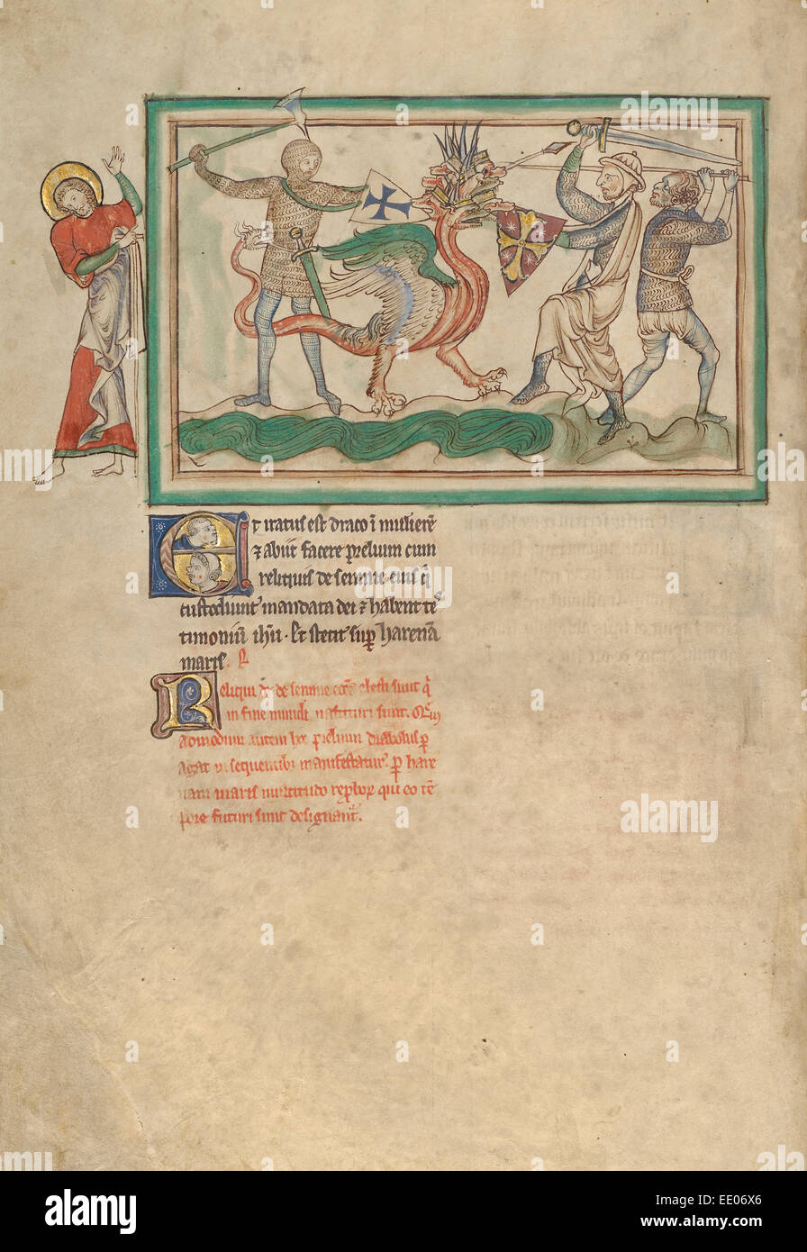 Il Drago lottano contro il proprio; sconosciuta; Londra (probabilmente), l'Inghilterra, l'Europa; circa 1255 - 1260; tempere, foglia oro, colorati Foto Stock
