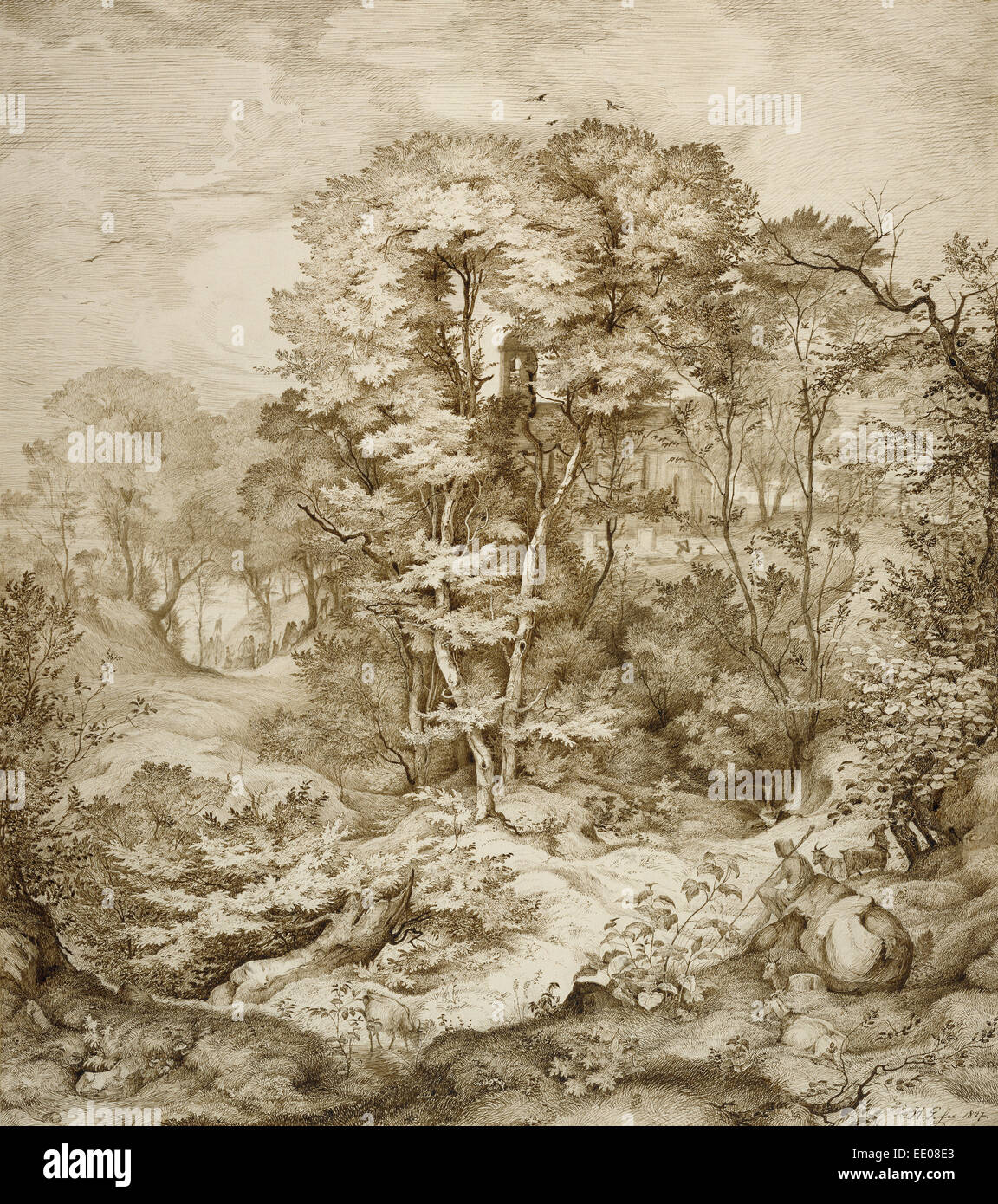 Paesaggio con cappella della foresta; Heinrich Johann Gärtner, Tedesco, 1828 - 1909; Germania, Europa; 1847; penna e il marrone scuro inchiostro Foto Stock