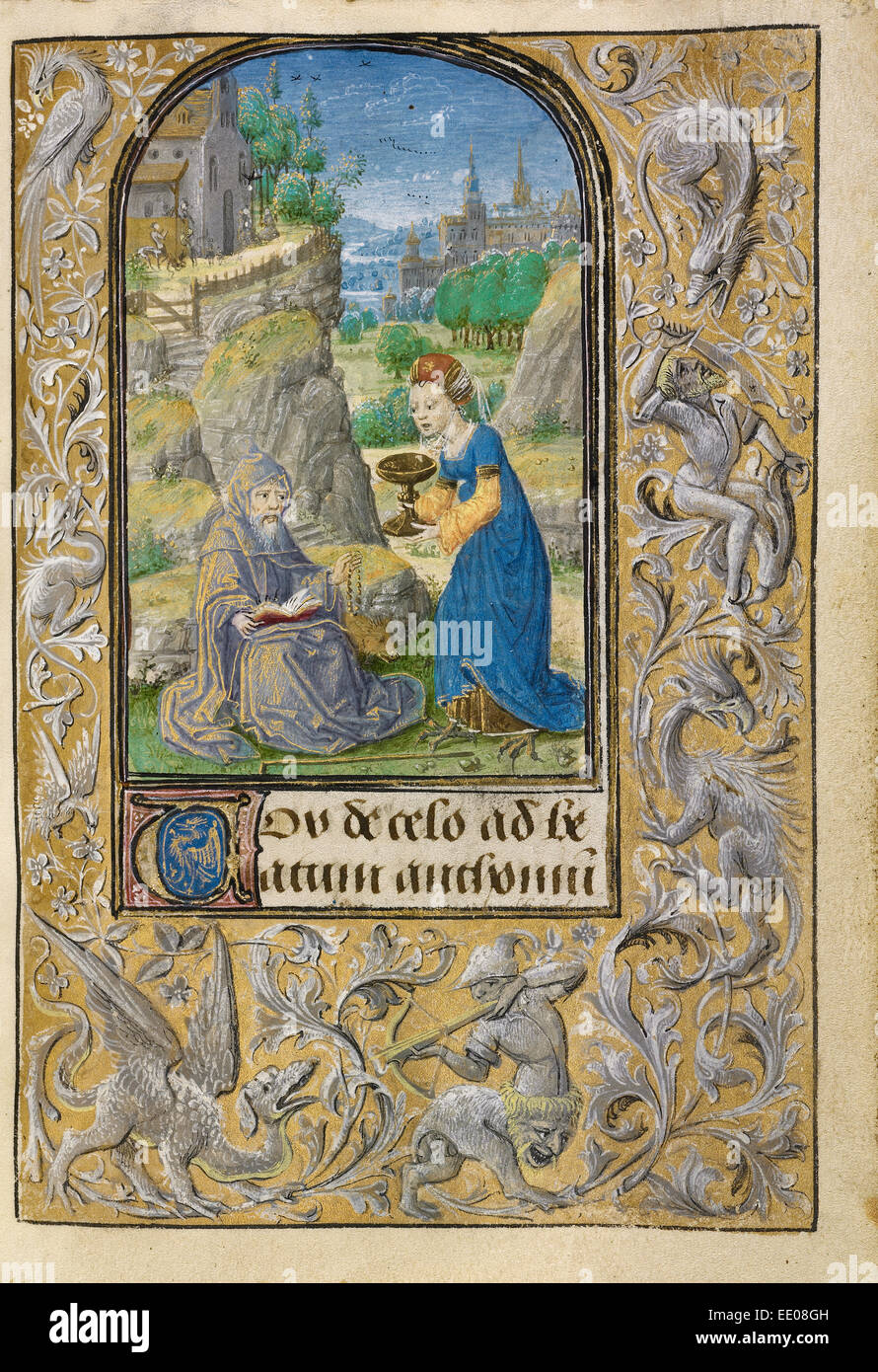 La tentazione di San Antonio; Lieven van Lathem, fiammingo, circa 1430 - 1493, attivo 1454 - 1493; Gand (scritto), Belgio Foto Stock