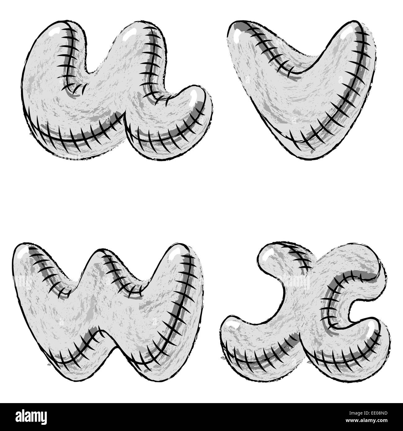 Carbone di grunge doodle font lettere U,V,W,X Foto Stock