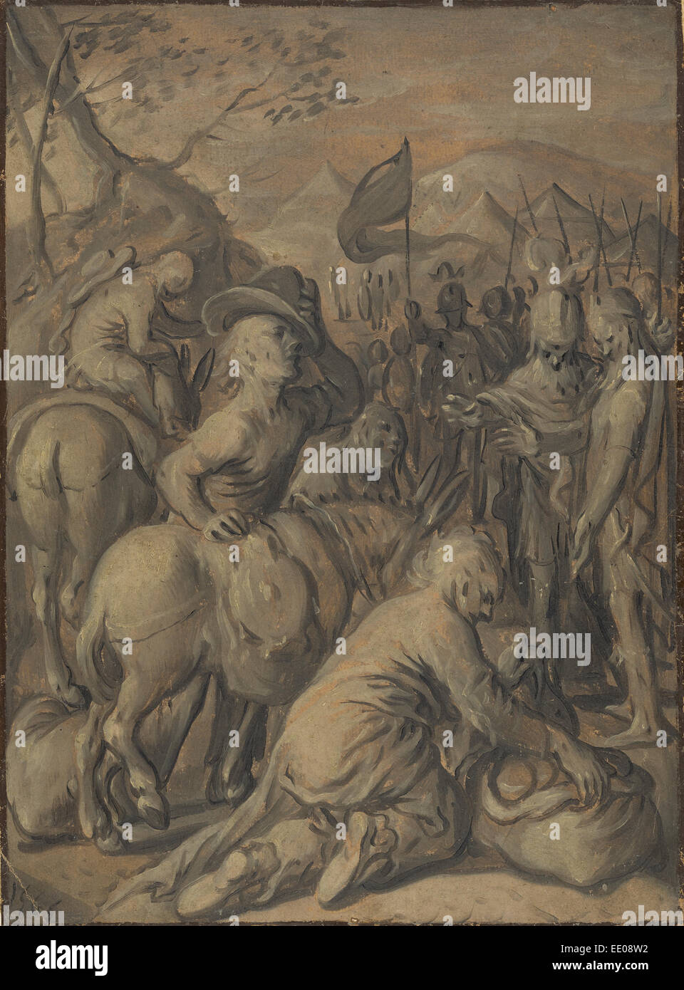 La mistificazione di Gabaoniti; Joachim Beuckelaer, Netherlandish, circa 1534 - circa 1574; Belgio, Europa; 1565; Olio su carta Foto Stock