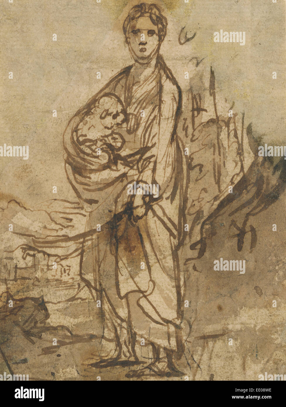 Sant Agnese (recto), figura studi (verso); Elsheimer Adam, Tedesco, 1578 - 1610; Germania, Europa; circa 1605 Foto Stock