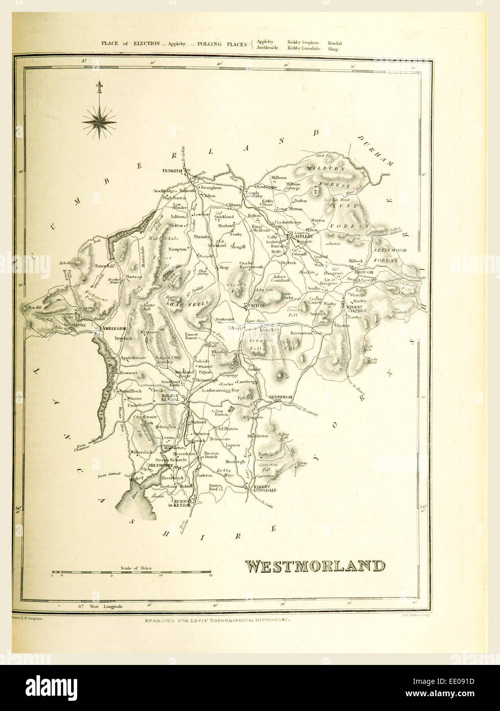 Mappa Westmoreland Regno Unito, xix secolo incisione Foto Stock