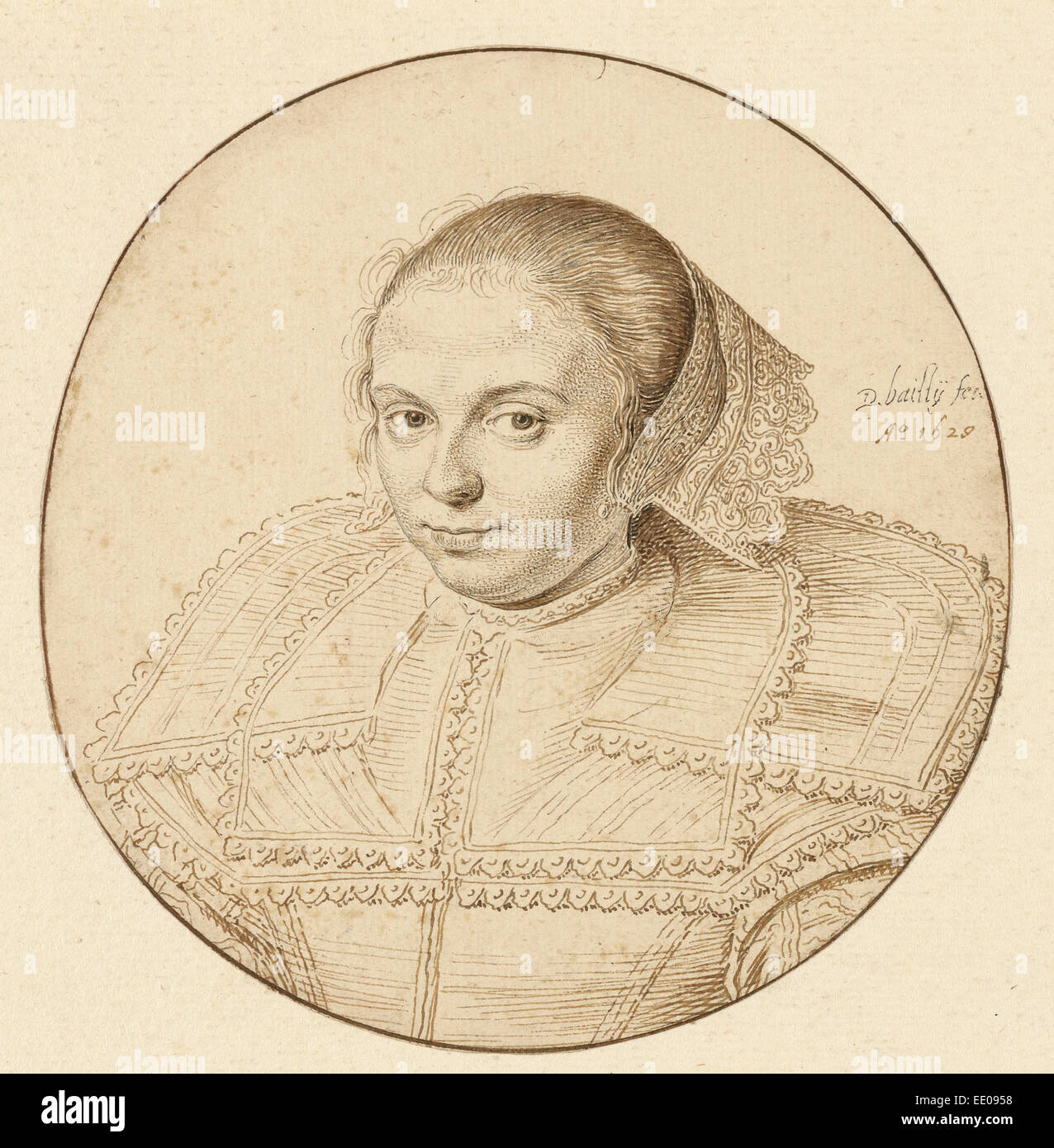 Ritratto di una donna; David Bailly, Olandese, 1584 - 1657; Paesi Bassi, Europa; 1629; Penna e marrone chiaro e scuro inchiostro Foto Stock