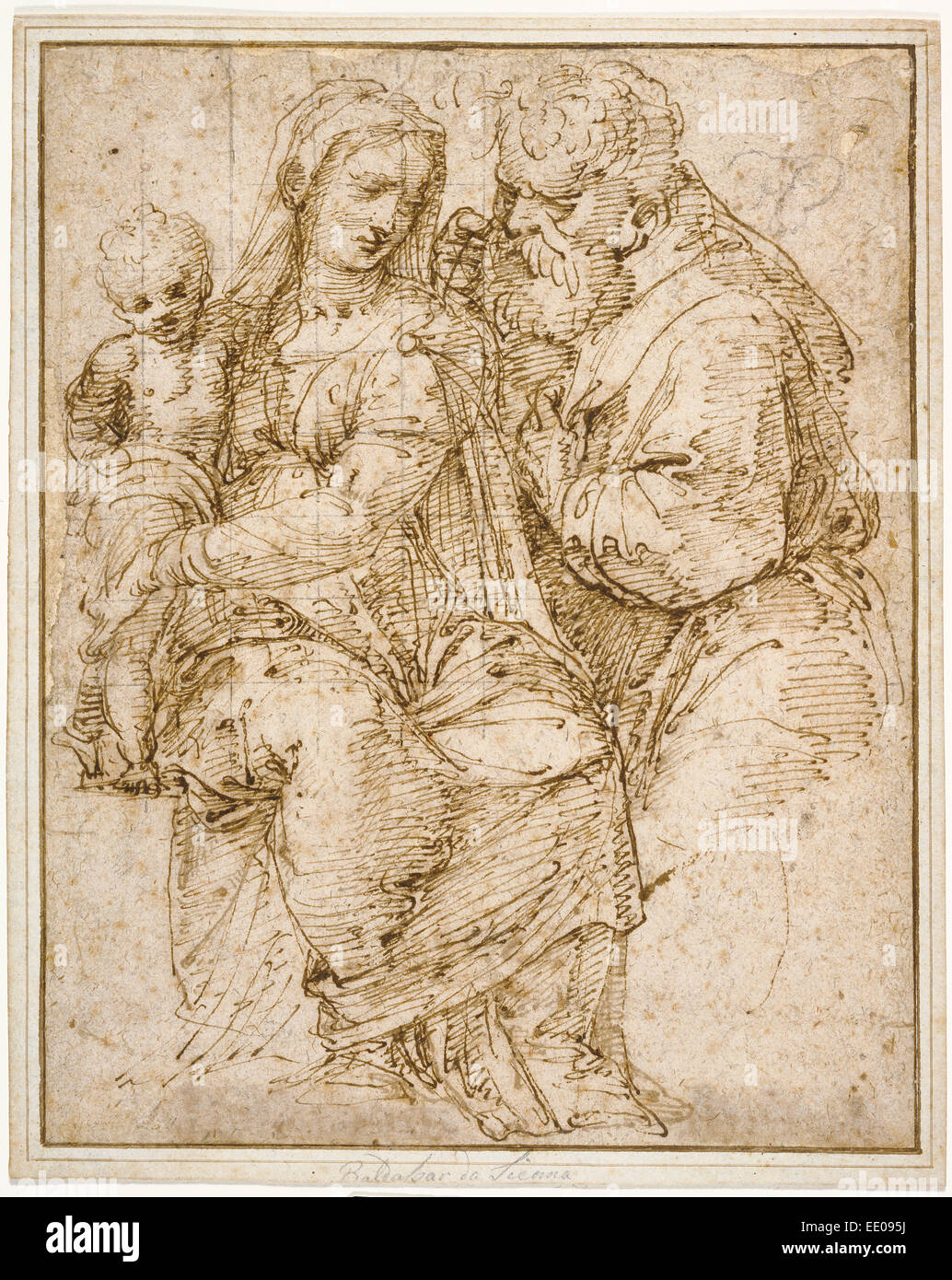 La Santa Famiglia; Baldassare Peruzzi, Italiano, 1481 - 1536; Italia, Europa; circa 1515; Penna e inchiostro bruno, gesso nero Foto Stock