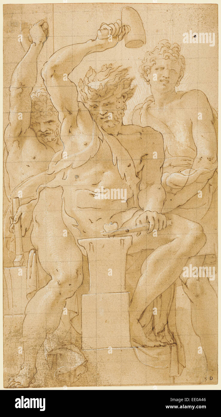 Vulcan al suo Forge; Francesco Primaticcio, Italiano, 1504 - 1570; circa 1550; Penna e inchiostro bruno e lavaggio marrone Foto Stock