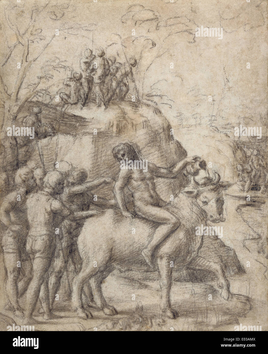 Un uomo a cavallo di un toro e altre figure; Correggio (Antonio Allegri), Italiano, circa 1489 - 1534; circa 1517 - 1519 Foto Stock