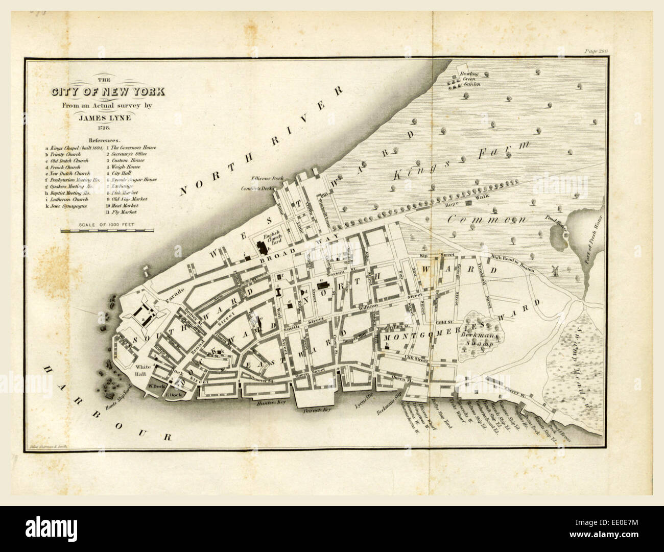 Mappa di New York, 1728, della storia dei nuovi Paesi Bassi, provincia di New York e dello Stato di New York Foto Stock