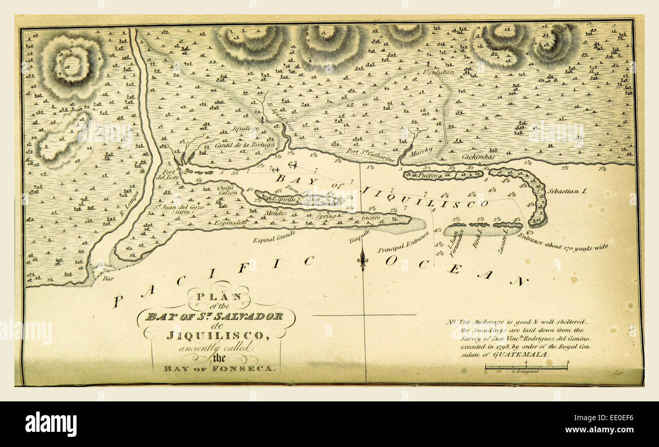 Mappa della Baia di San Salvador, una statistica commerciale e la storia del Regno del Guatemala, del XIX secolo l'incisione Foto Stock