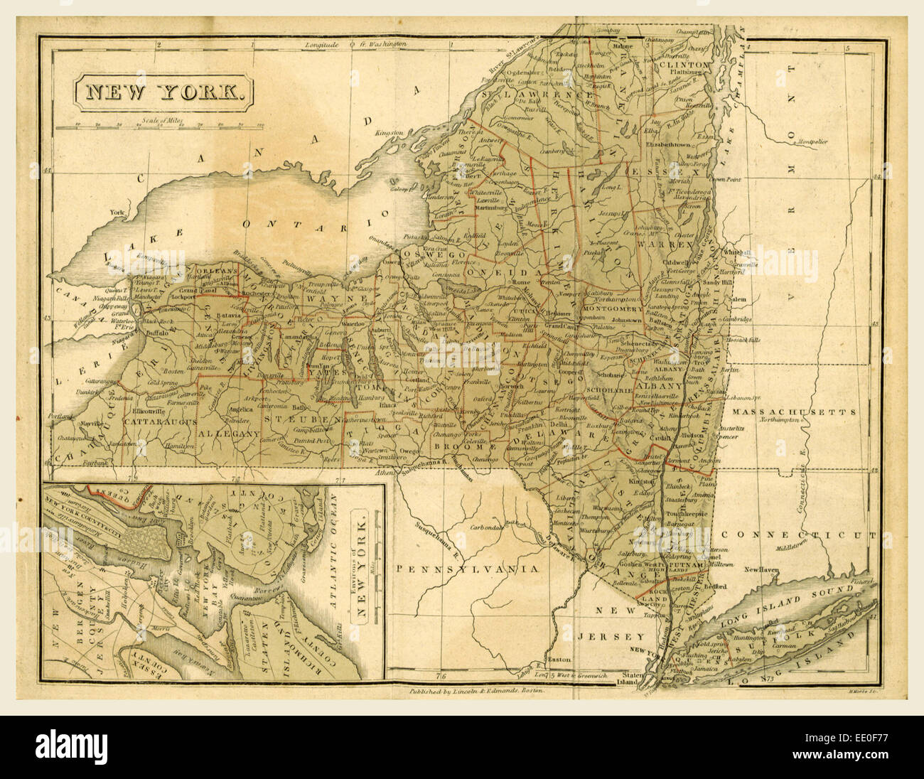 Mappa New York, Boston Scuola Atlas, USA, America del XIX secolo l'incisione Foto Stock