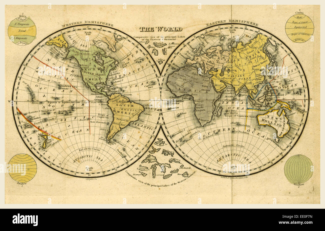 Mappa del mondo, la scuola di Boston Atlas, USA, America del XIX secolo l'incisione Foto Stock