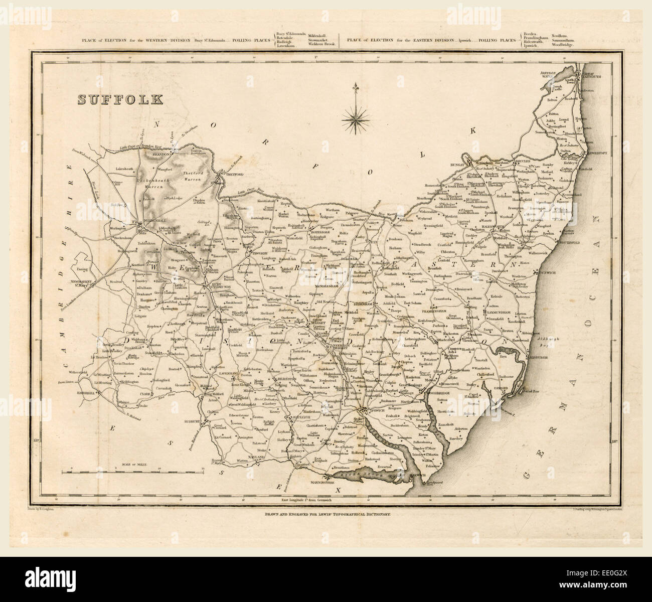 Mappa Suffolk REGNO UNITO, xix secolo incisione Foto Stock