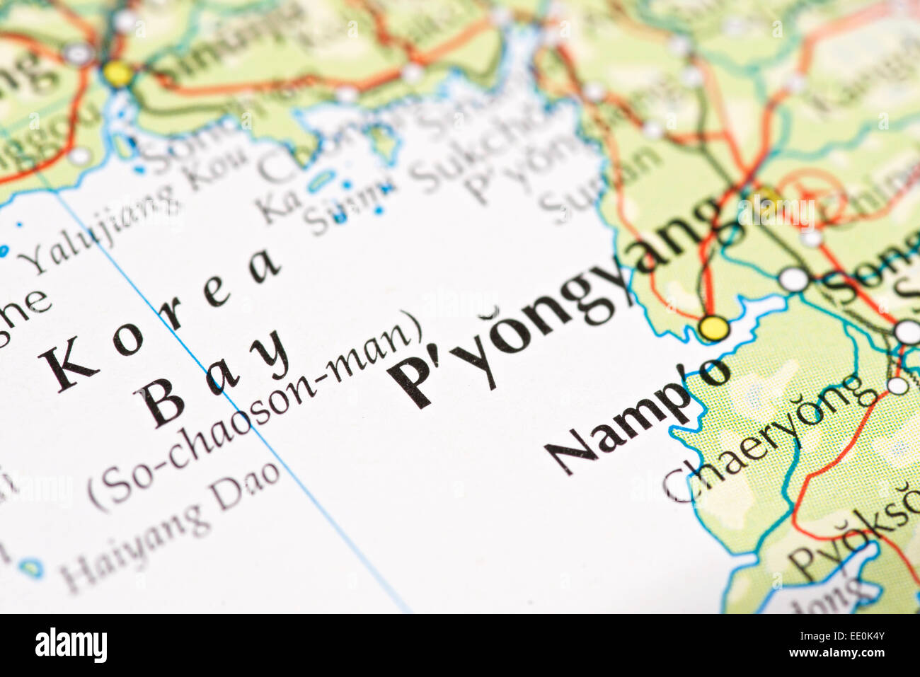 Close up di atlas Mappa di Pyongyang, capitale della Corea del Nord Foto Stock