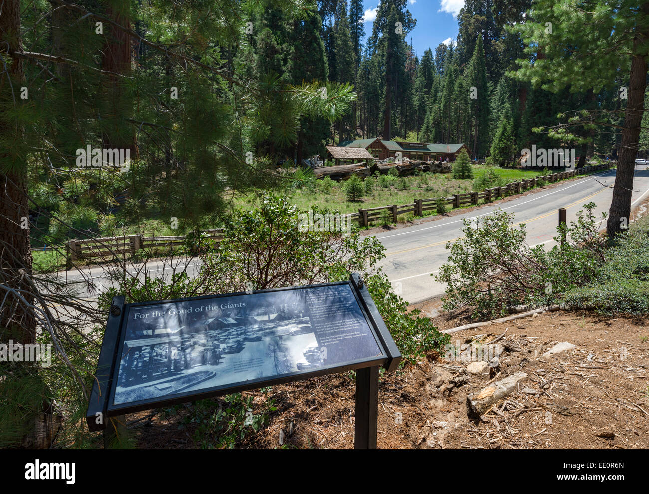 La placca nella parte anteriore del Giant Forest Museum che illustra lo sviluppo nel parco prima degli anni settanta, Sequoia National Park, California, Stati Uniti d'America Foto Stock