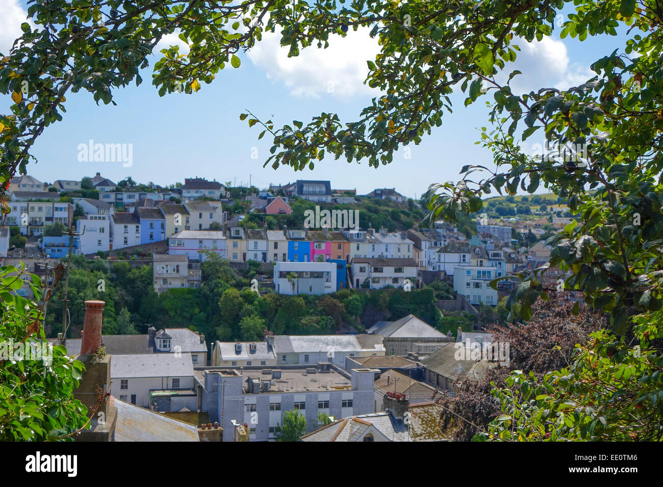Vista di colorate case colorate Brixham Torbay (Riviera Inglese) Endland Devon Regno Unito affacciato sulla città Foto Stock