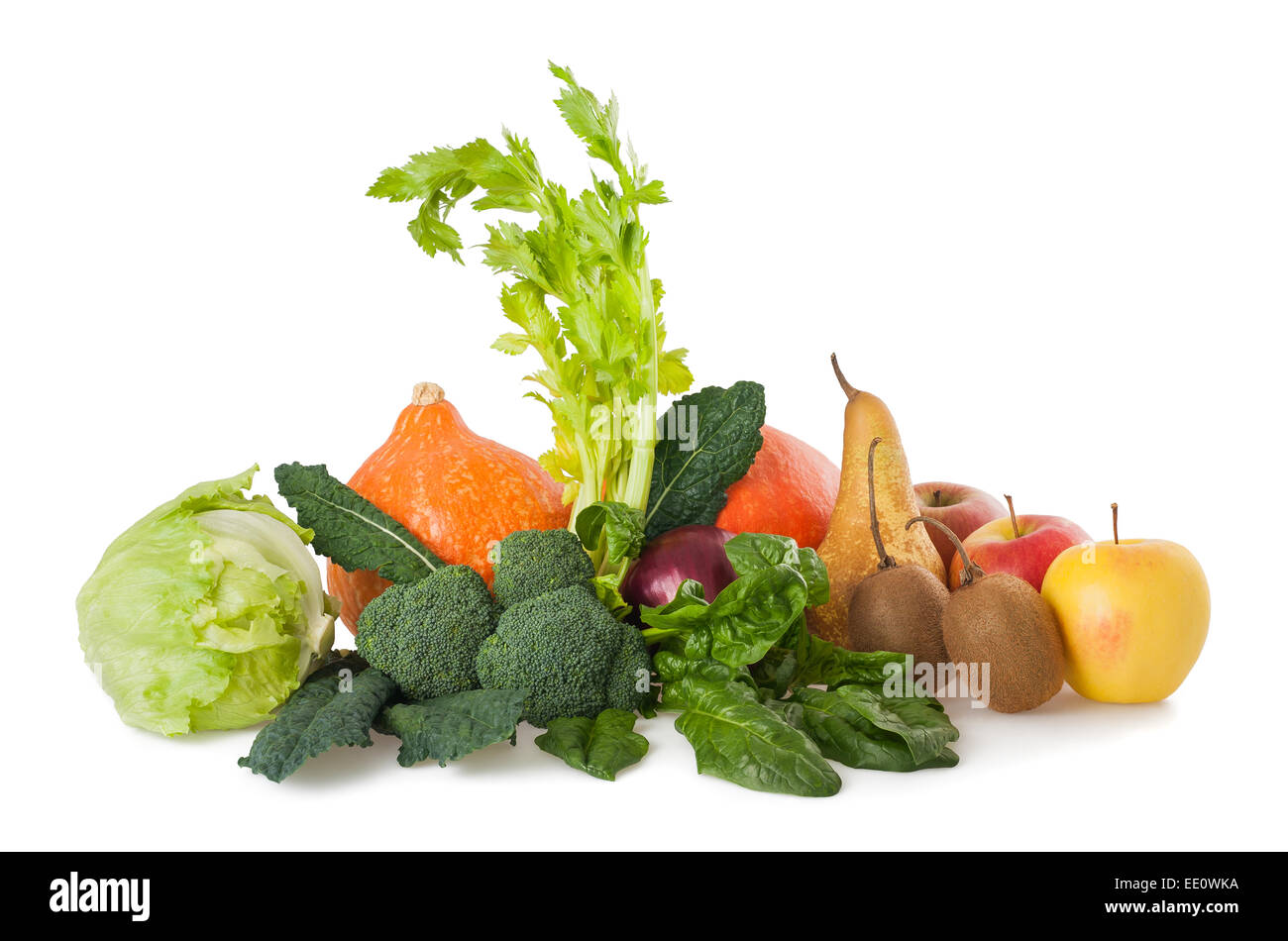 Mix di frutta e verdura isolato su bianco Foto Stock