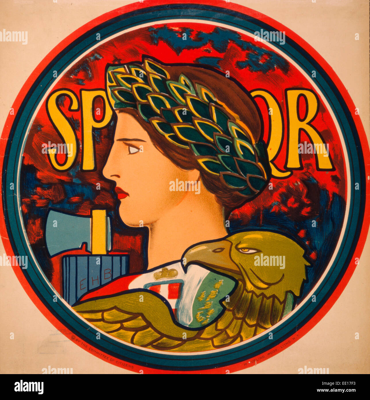 Emblema di Italia - Poster personificazione dell'Italia, raffigurata come donna che indossa corona di olivo in profilo entro un bordo circolare, circa 1917 Foto Stock