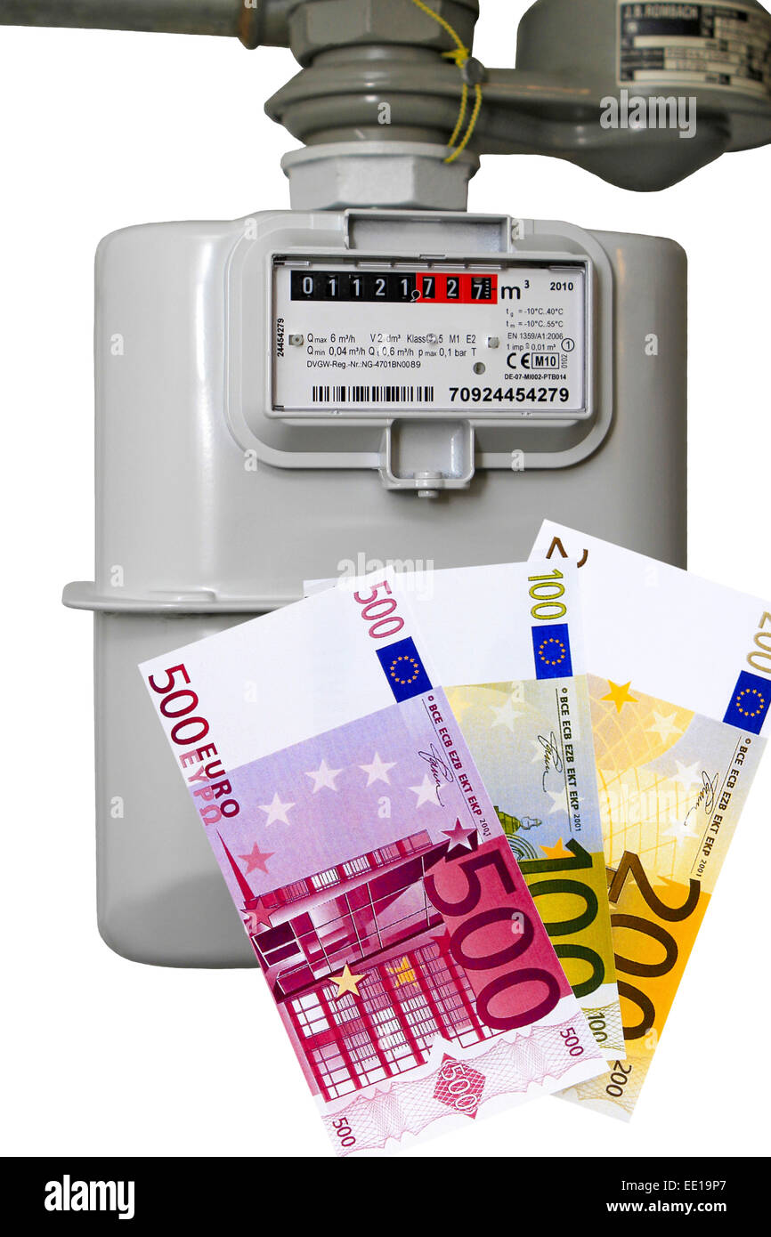 Gaszähler, Erdgas, Euro Banknoten Foto Stock