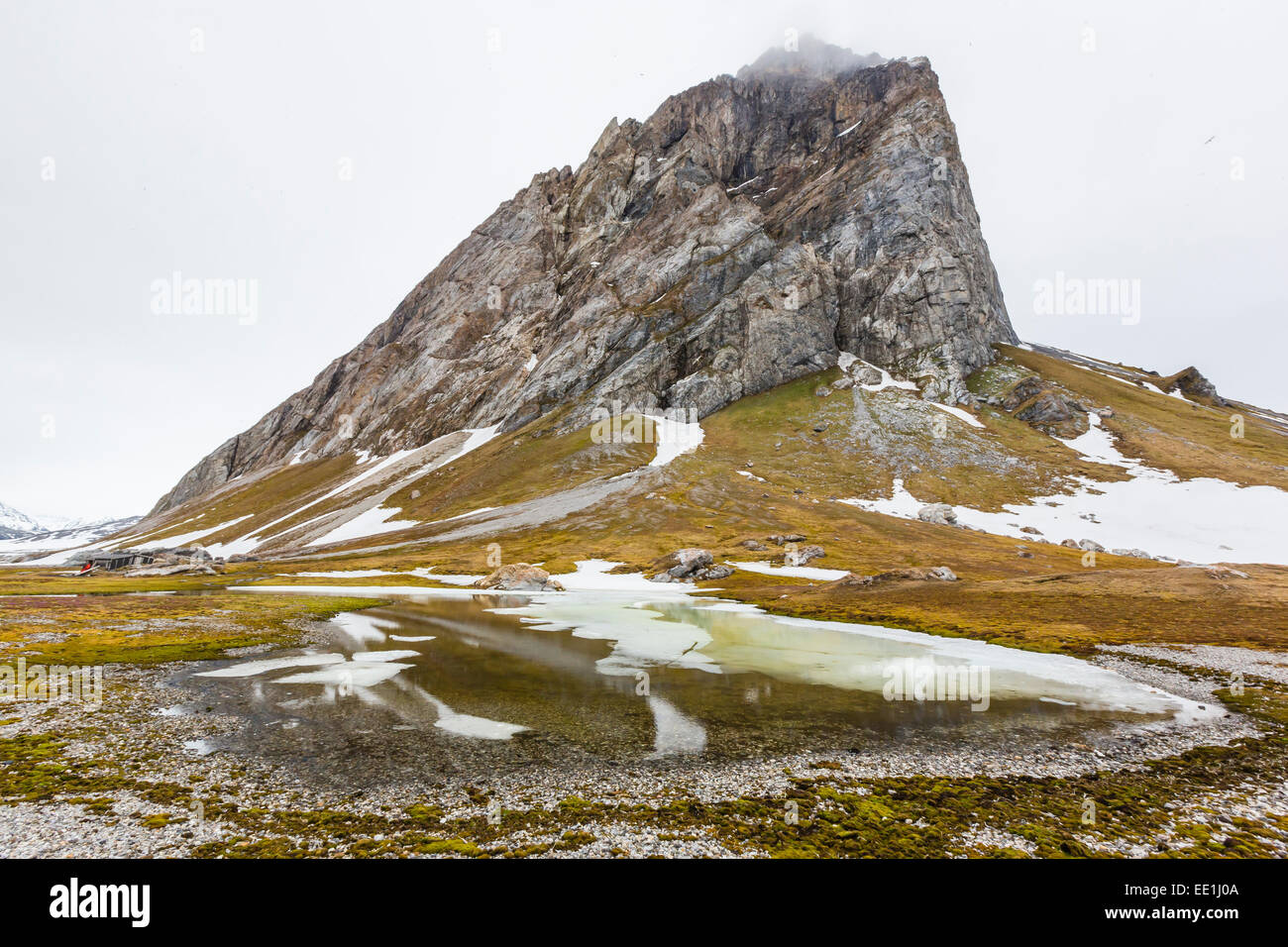 Gnalloden riflesso nel laghetto di acqua di disgelo a Hornsund, Spitsbergen, Svalbard artico, Norvegia, Scandinavia, Europa Foto Stock