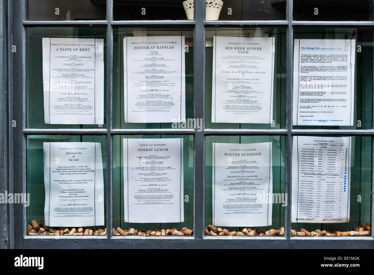 Trattativa, Kent, Regno Unito. I menu per le prossime manifestazioni presso la trattativa Dining Club, i membri di un solo ristorante Foto Stock