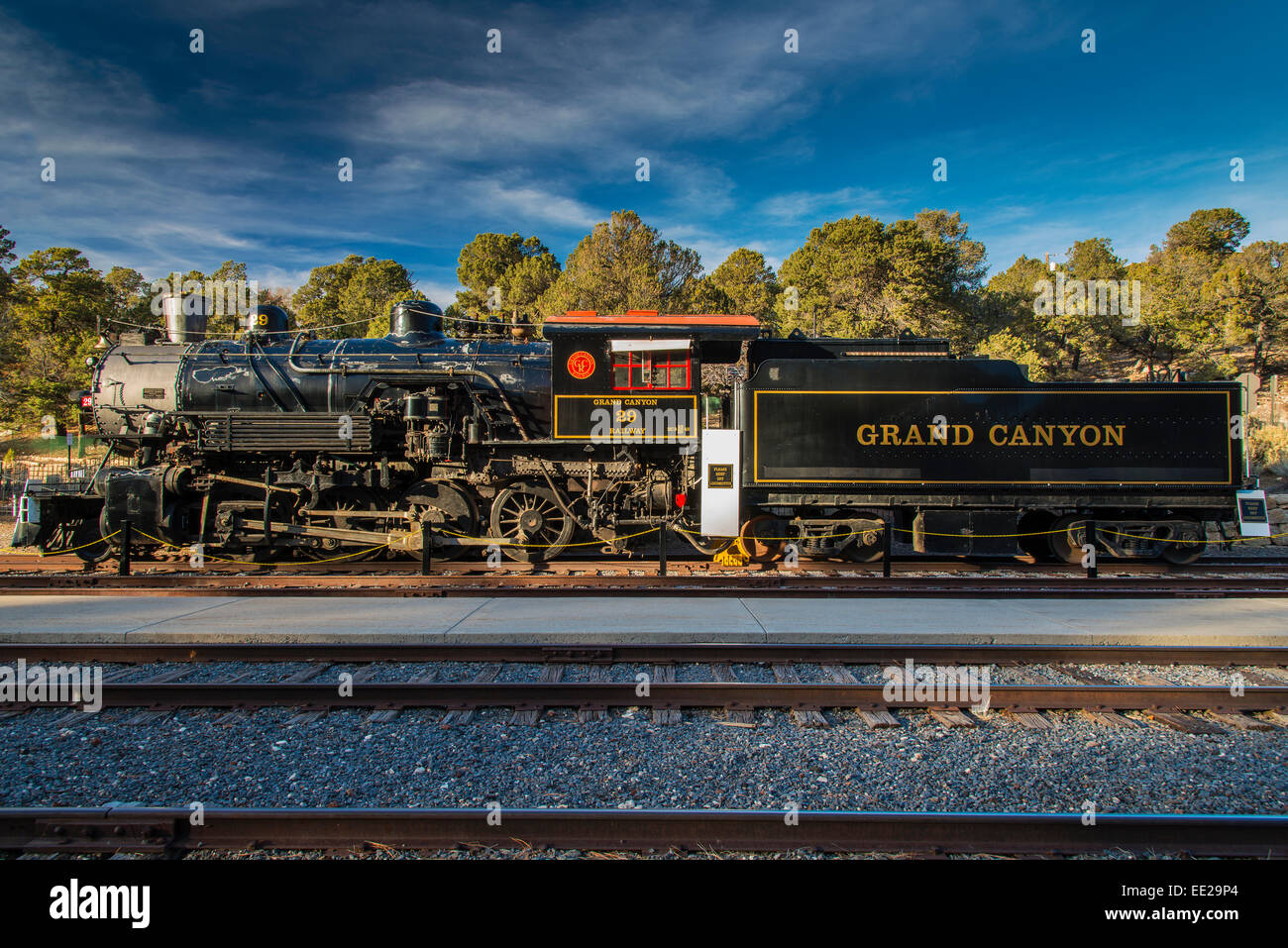 Grand Canyon Railway GCRX motore 29 locomotiva a vapore al Grand Canyon Depot stazione ferroviaria, Arizona, Stati Uniti d'America Foto Stock