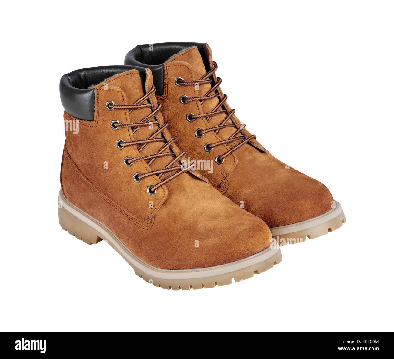 Pelle marrone stivali isolati su sfondo bianco w/ tracciato di ritaglio Foto Stock