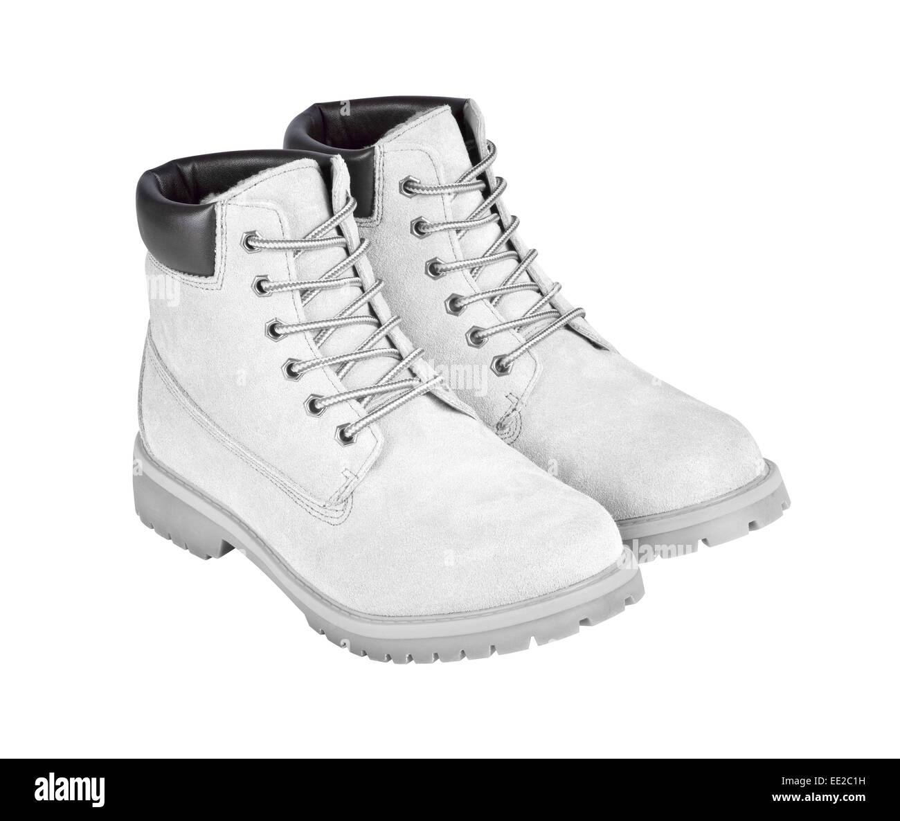 White stivali in pelle isolati su sfondo bianco w/ tracciato di ritaglio Foto Stock