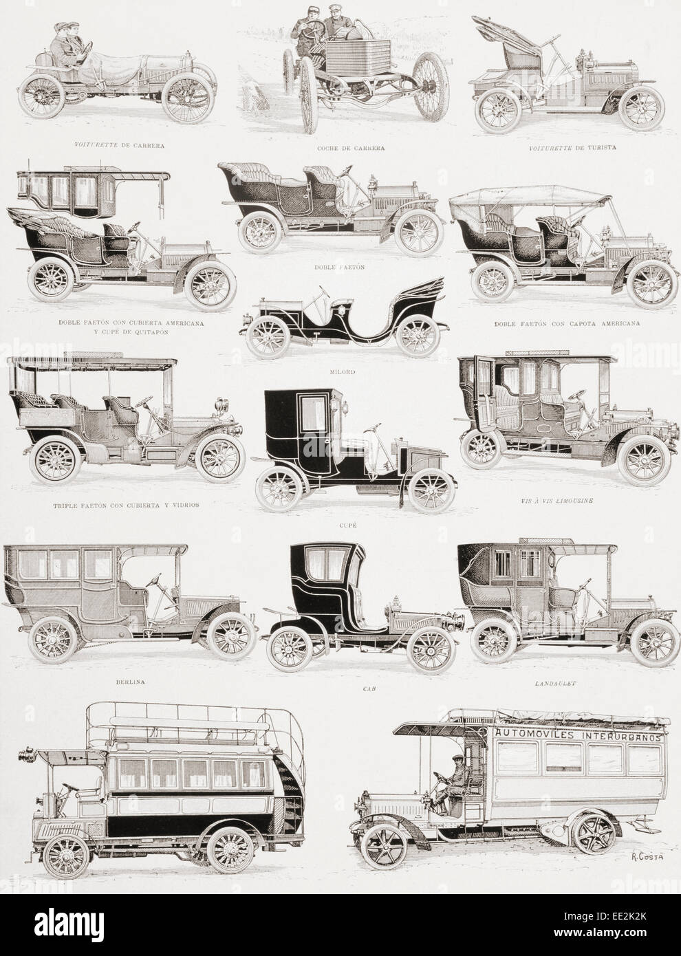 Autovetture e autobus dal primo decennio del ventesimo secolo. Didascalie in lingua spagnola. Foto Stock