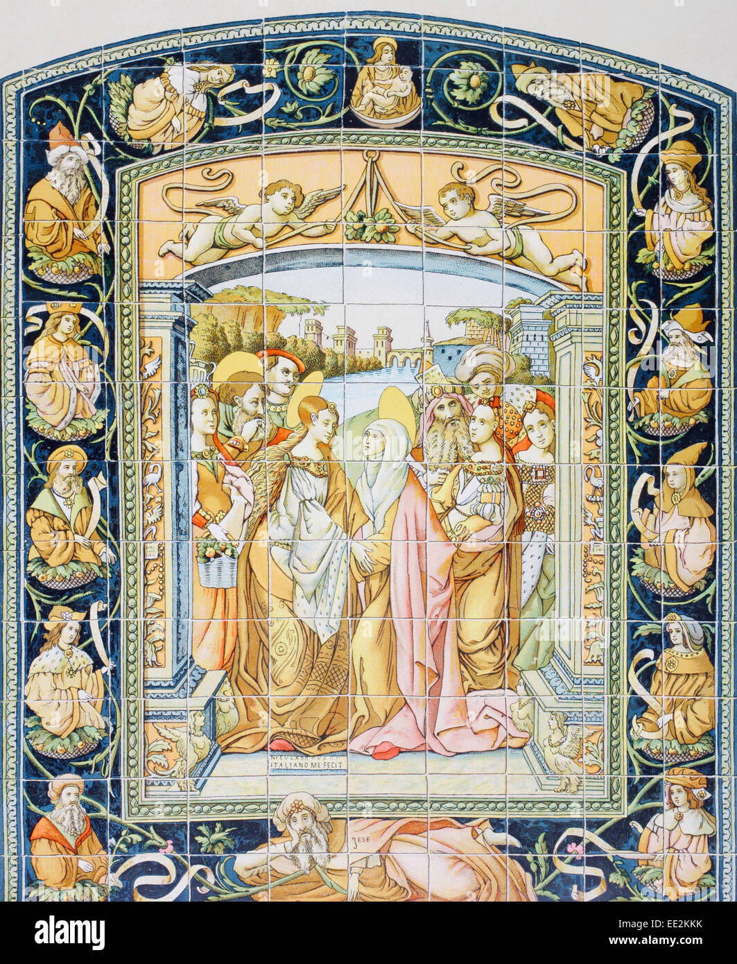 Piastrella vetrinata pala d altare della Visitazione in Alcazar di Siviglia, Spagna, creata nel 1503 dall'artista pisano Francesco o Francisco Niculoso, ? - 1529, (aka Niculoso Pisano). Foto Stock