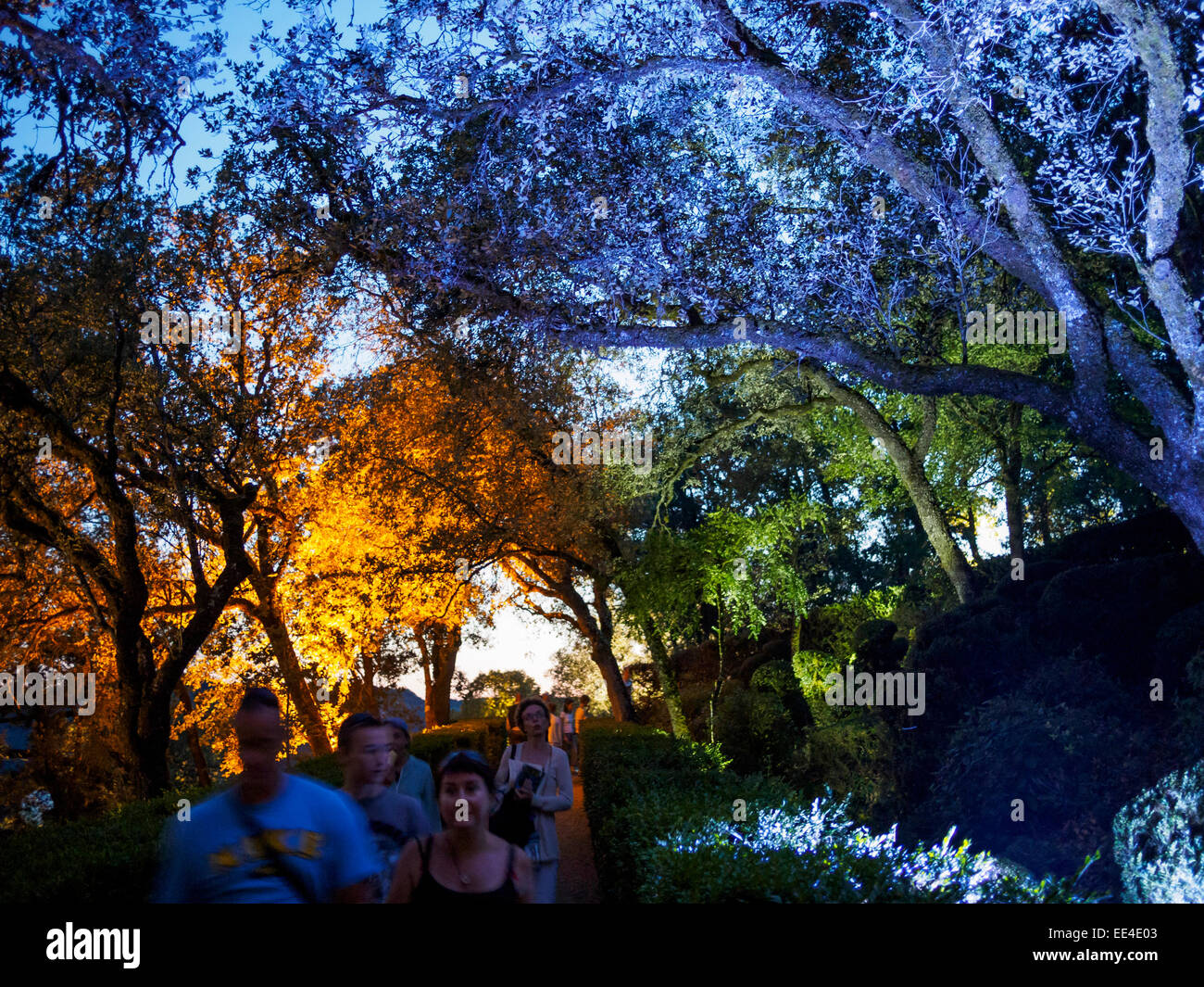 I visitatori di una notte a lume di candela presso i giardini di Chateau Marqueyssac a piedi attraverso i parchi illuminati al crepuscolo. Foto Stock