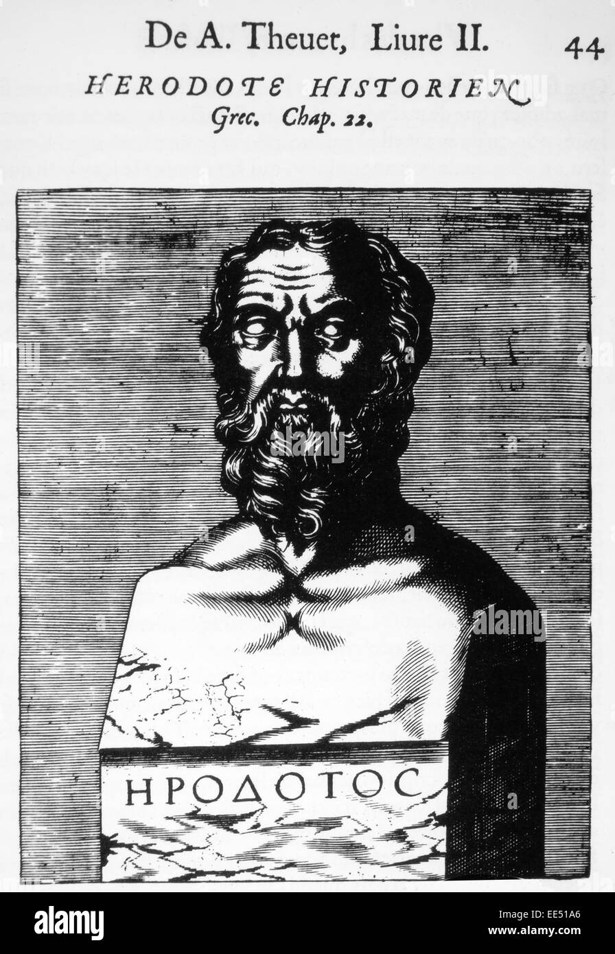 Erodoto (484-425 a.C.), lo storico greco, Xilografia da 'Les Vrais Pourtraits et vies des Hommes Illustres', Andre Thevet, 1584 Foto Stock