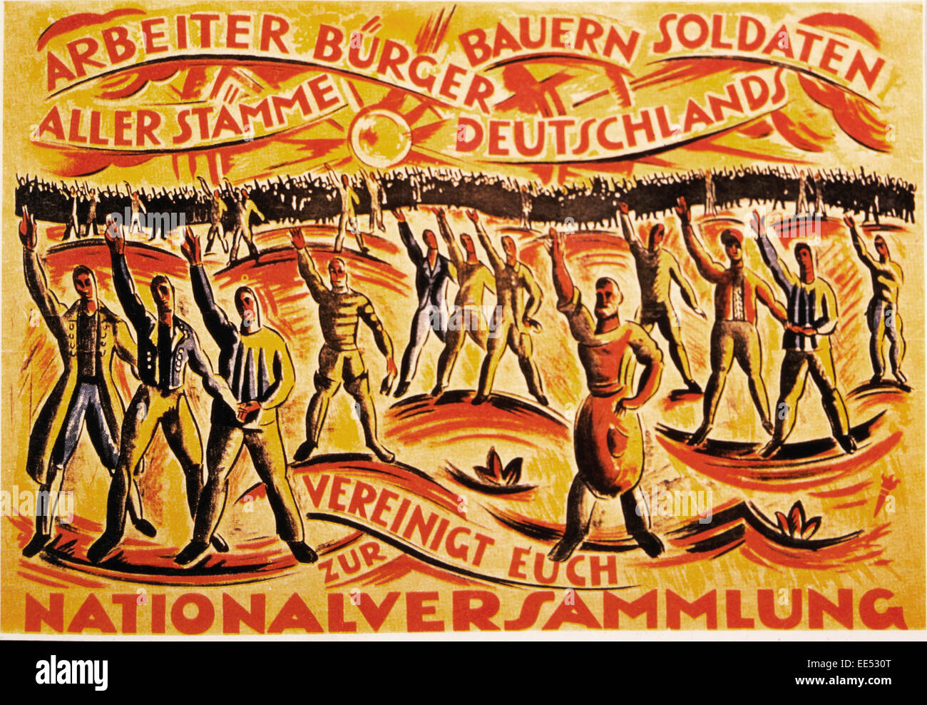 Poster per le elezioni dell'Assemblea nazionale, sollecitando l unità dei lavoratori, cittadini, agricoltori e soldati a sostegno dell'Assemblea nazionale, Germania, 1919 Foto Stock