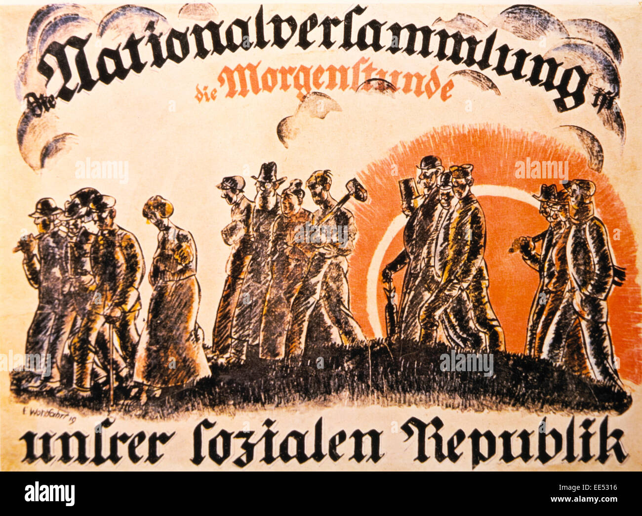 Poster a sostegno dell'Assemblea nazionale delle elezioni, 'Dawn della nostra Repubblica Sociale' , Germania, 1919 Foto Stock