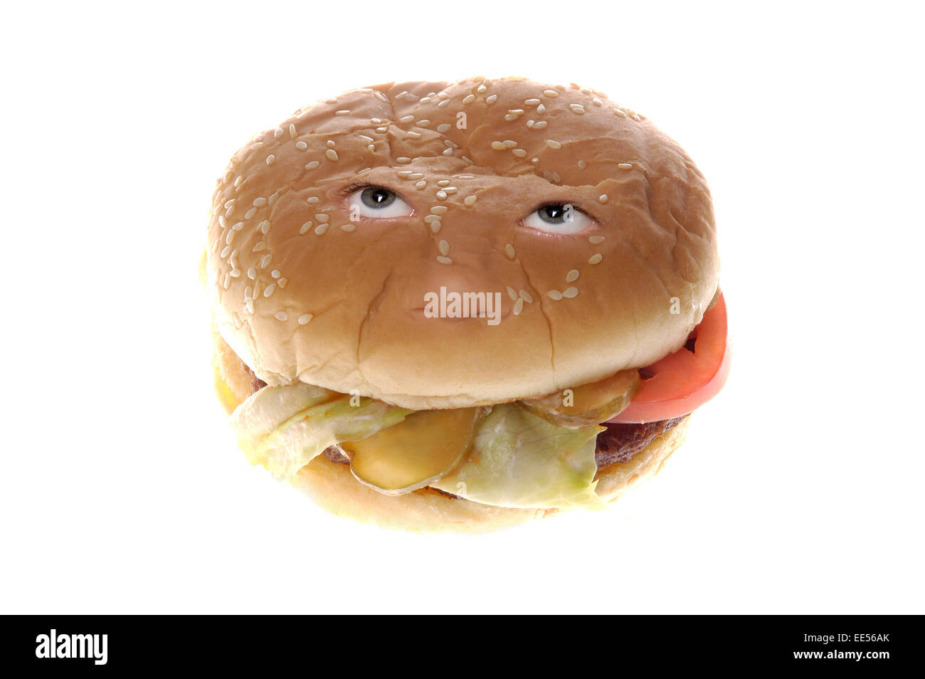 Un hamburger con un volto umano, o testa di hamburger Foto Stock