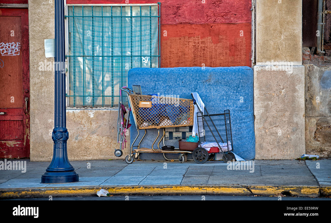 Effetti personali di senzatetto in singoli carrelli di shopping a sinistra sul marciapiede, East Village, San Diego, California USA Foto Stock