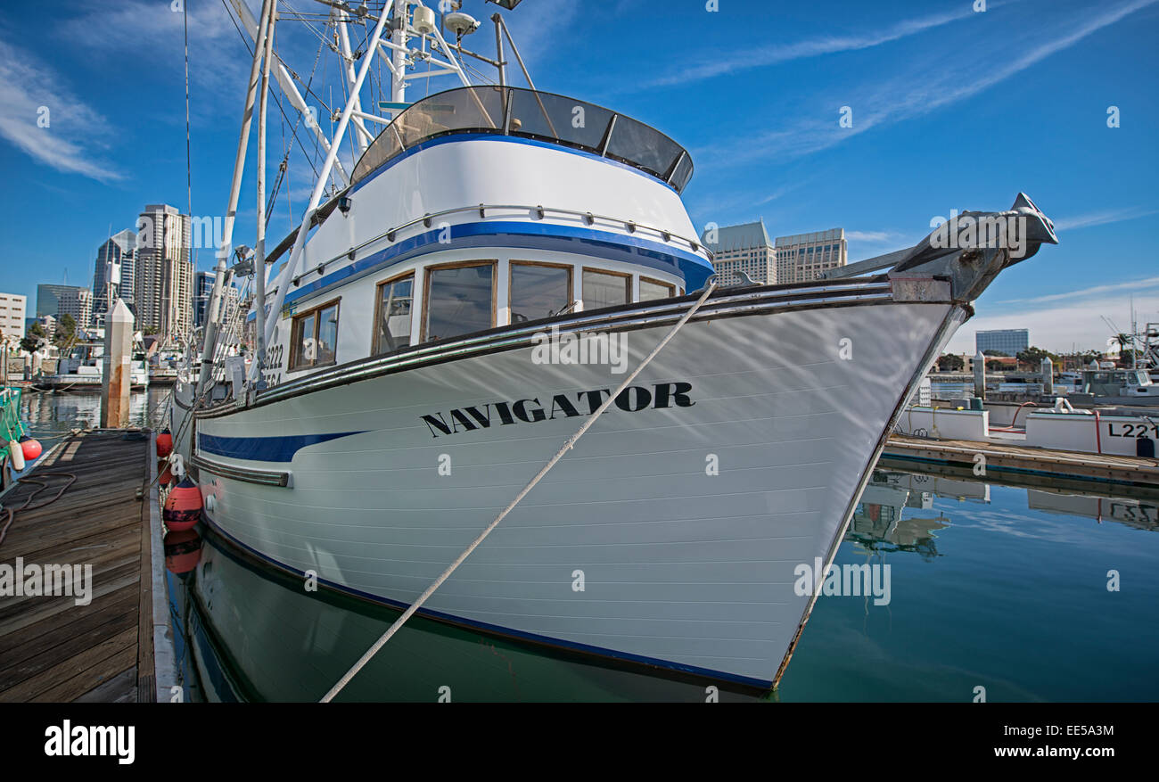 La pesca commerciale barca Navigator, G Street Pier, Baia di San Diego, San Diego, California USA Foto Stock