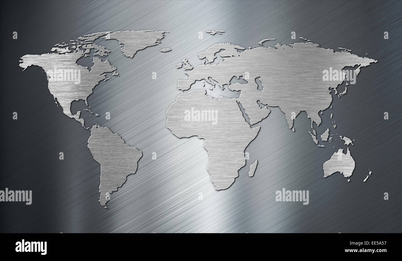 Mappa del mondo sulla piastra di metallo Foto Stock