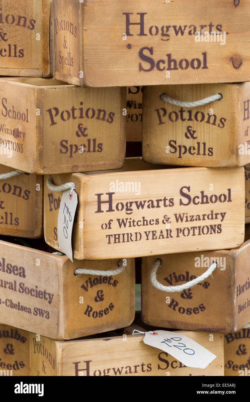 Harry Potter e la pozione incantesimi per la scuola di Hogwarts di streghe,wizardryand terzo anno pozioni in casse di legno Foto Stock