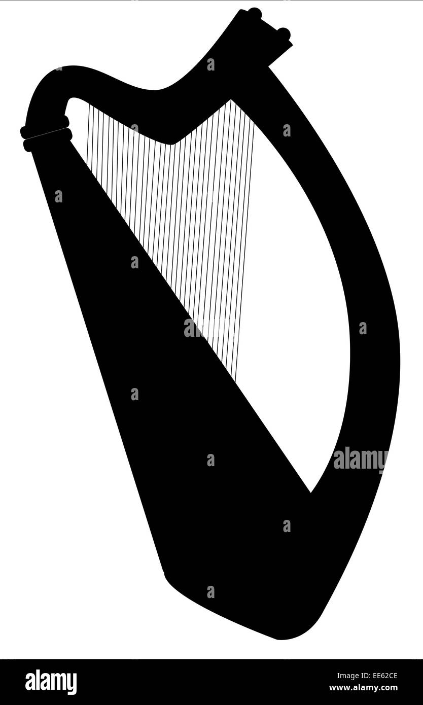 Un tradizionale arpa irlandese silhouette su uno sfondo bianco Foto Stock