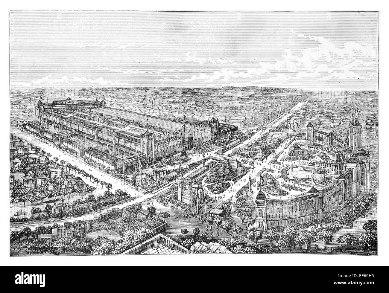 Birds Eye vista aerea Paris International Exhibition 1878 World's Fair Exposition Universelle Francia Palais du Trocadéro Avenue Foto Stock