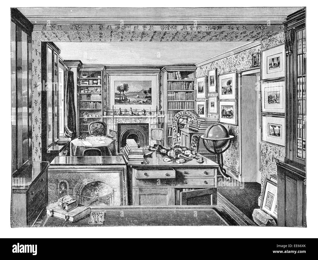 Signor John Ruskin ufficio di studio room Biblioteca Home Brantwood Coniston Lancashire Inghilterra libri libri Victorian critico d'arte studio Foto Stock