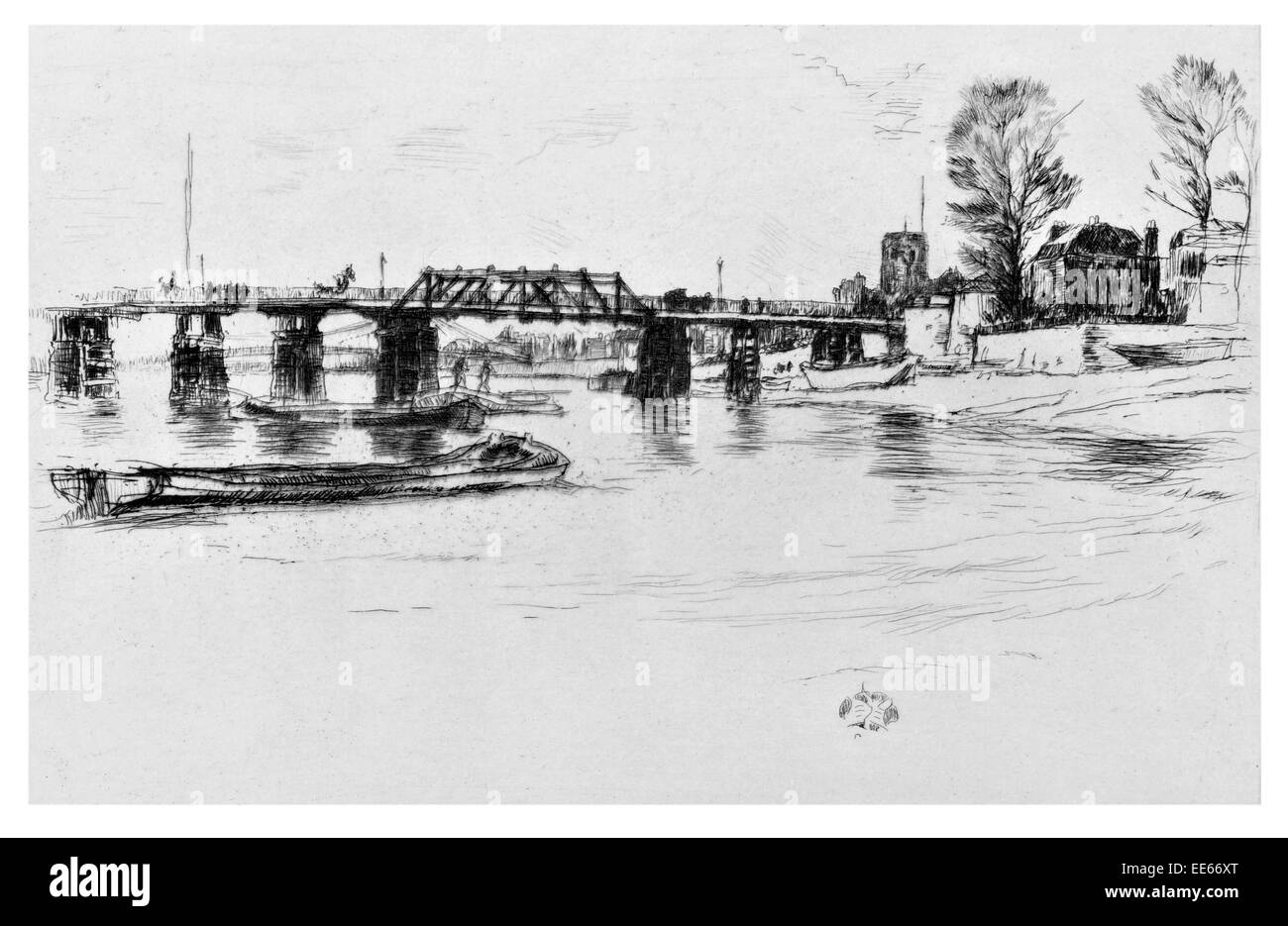 Chelsea James McNeill Whistler 1882 estuario del fiume chiatta ponte vittoriano chiesa del paese Londra Inghilterra schizzo barca stretta Foto Stock