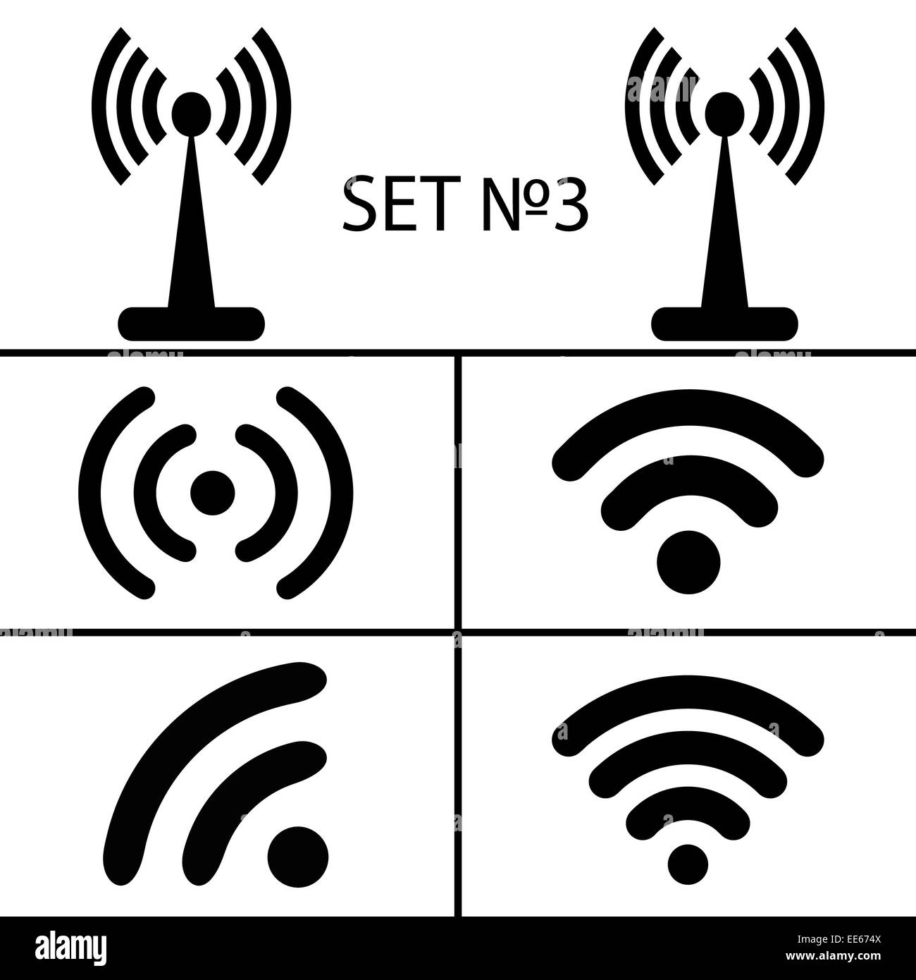 Set 3. Quattordici diversi black wireless wifi e le icone per le comunicazioni di accesso remoto tramite le onde radio. Illustrazione vettoriale EPS10 Foto Stock
